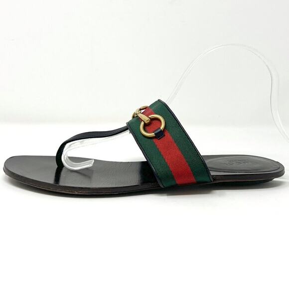 Gucci Web Horsebit Black Leather Thong Sandals Green‑Red Strap 38.5 EU - Picture 2 of 10